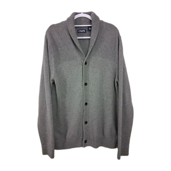 New Chaps Cardigan Sweater Mens Large Gray Shawl Collar Knit 100% Cotton Grandpa - Picture 1 of 7